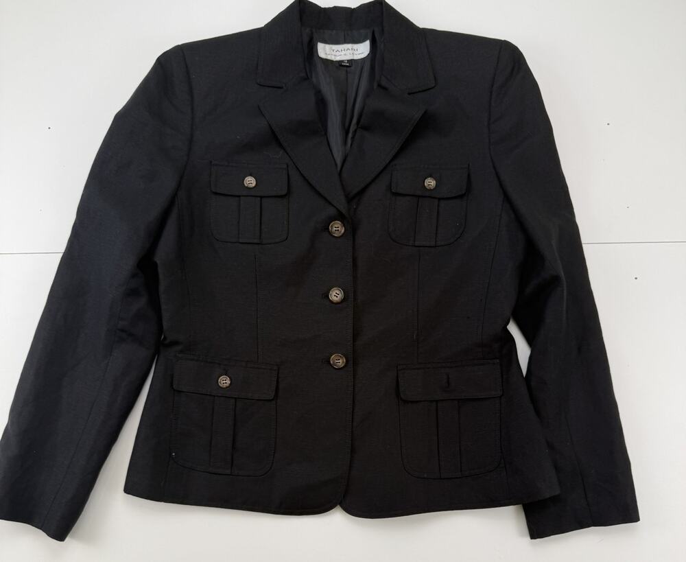 Tahari Womens Blazer 10 Black Linen Blend Safari Utility 4 Pocket Jacket
